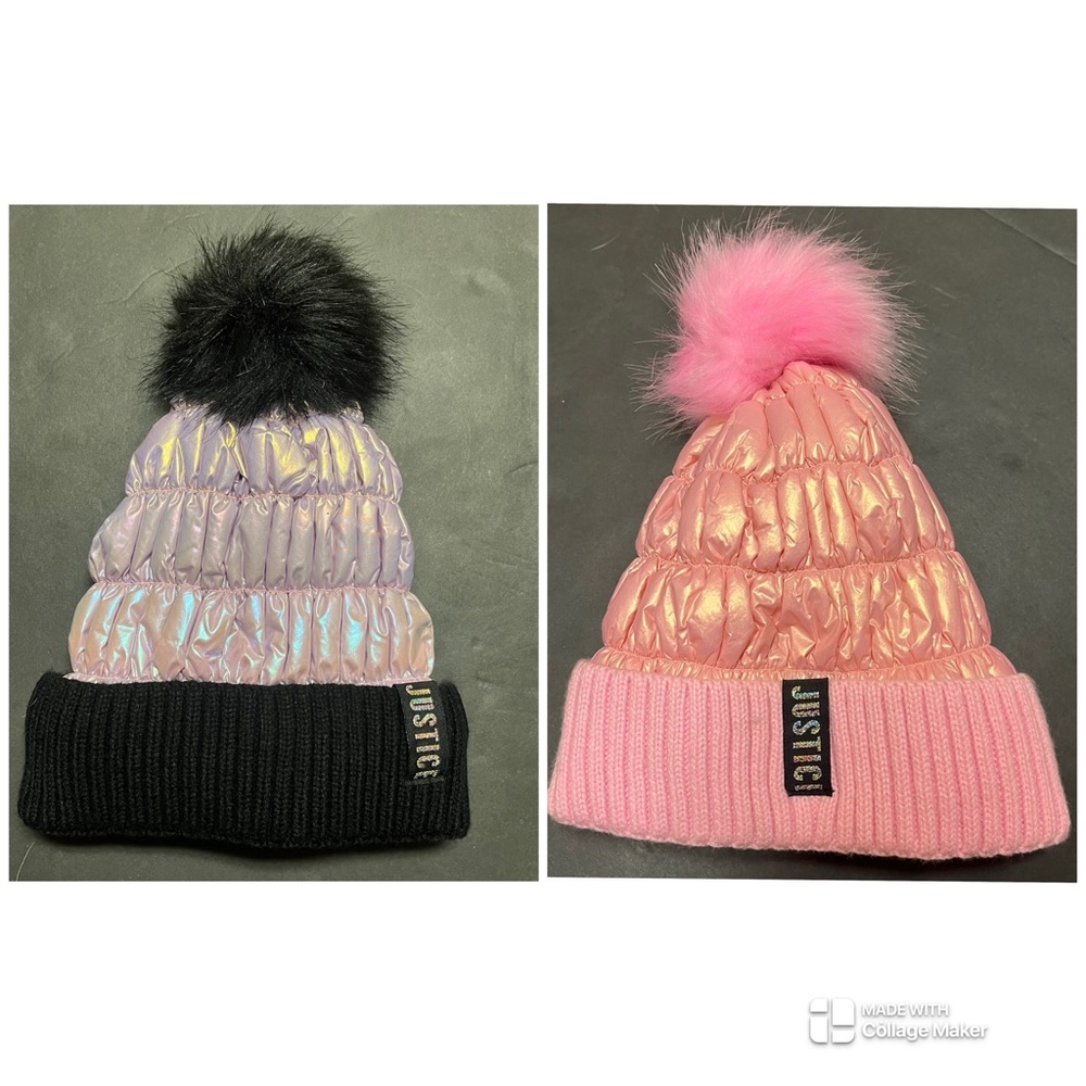 2 Justice Girls Y2K Beanies Quilted Metallic Puffer Pom Pom Faux Fur‎ Hats